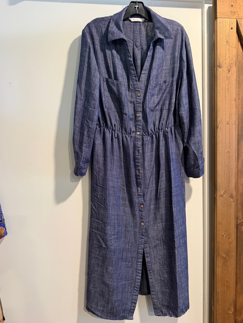 Zara Navy Button-Front Long Sleeve Midi Dress